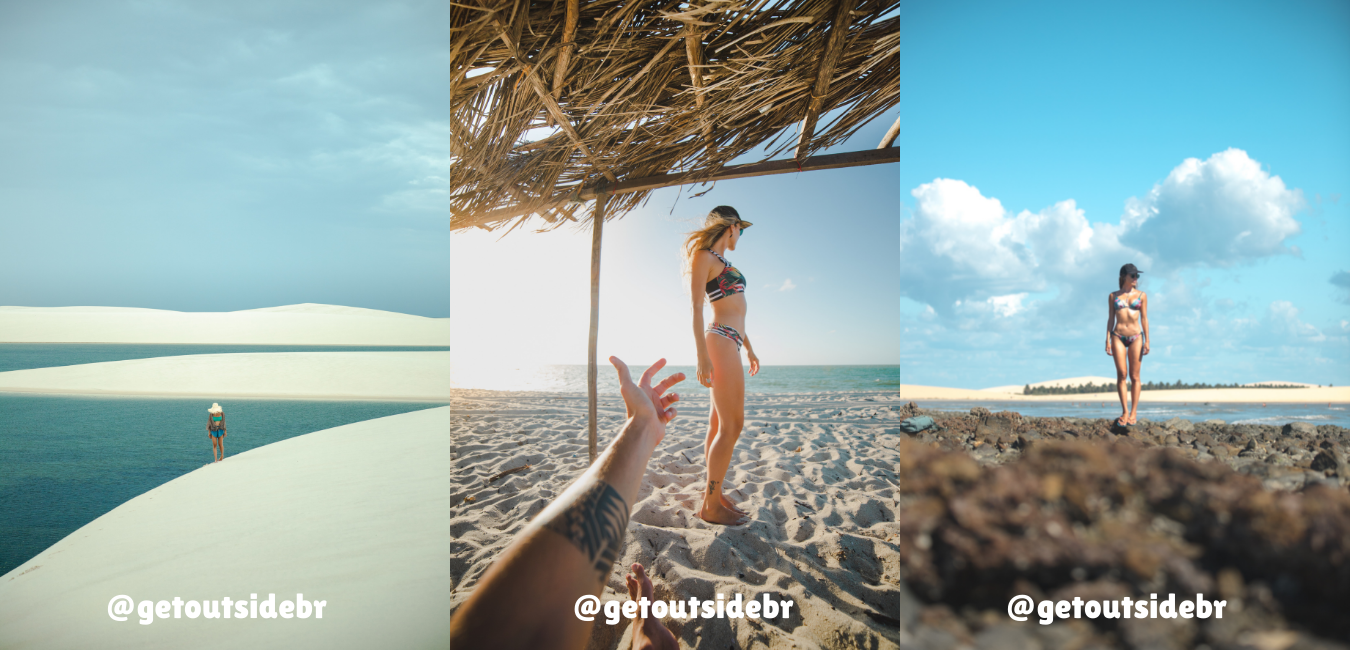Mulher posando em diferentes praias da Rota das Emoções, um dos destinos de carro pelo Brasil na região nordeste