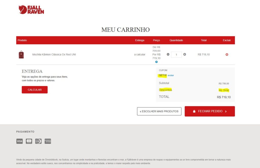 Print mostrando como aplicar o cupom Fjällräven GET10 durante a compra no site oficial.