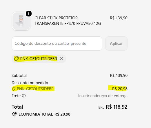 print da página de checkout pink cheeks com cupom aplicado