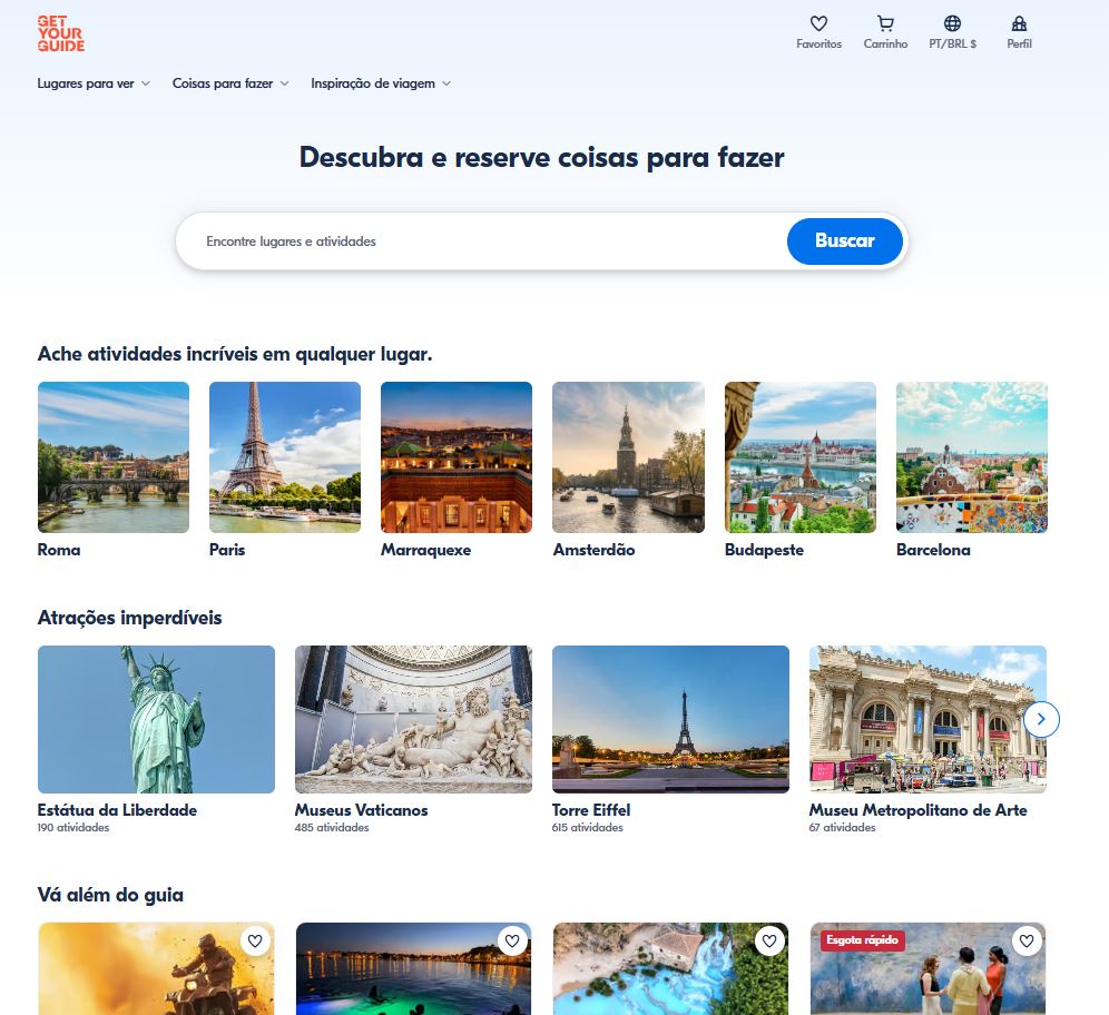 Página inicial da plataforma GetYourGuide para buscar passeios e atrações em diversos destinos