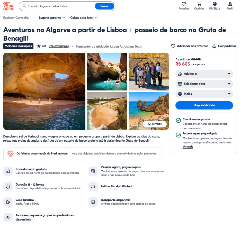 Página de um passeio na GetYourGuide mostrando avaliações, preço, cancelamento gratuito e informações da atividade